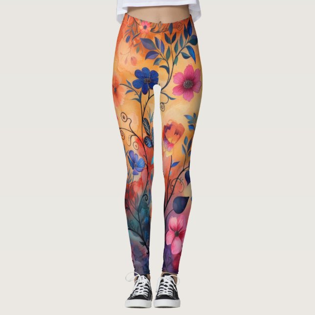Orange and Blue Flowered  Leggings (Front)