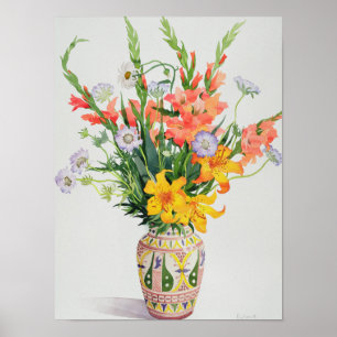 Orange and Blue Flowers in a Moroccan Vase Poster