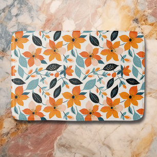 Orange and Blue Foliage and Flowers Bath Mat