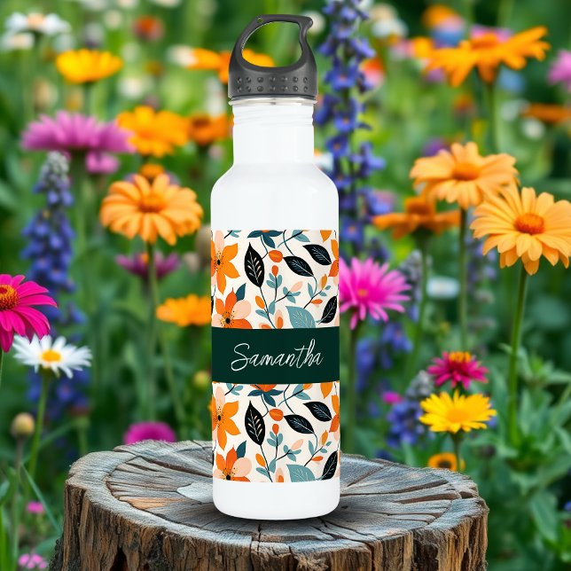 Orange and Blue Foliage and Flowers Personalised 710 Ml Water Bottle (Creator Uploaded)