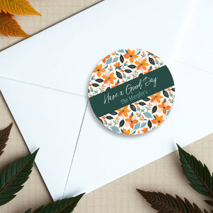 Orange and Blue Foliage and Flowers Personalised Classic Round Sticker