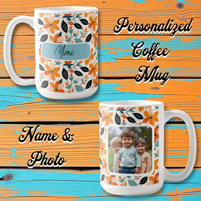 Orange and Blue Foliage and Flowers Personalised Coffee Mug (Creator Uploaded)