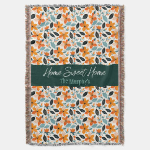 Orange and Blue Foliage and Flowers Personalised Throw Blanket