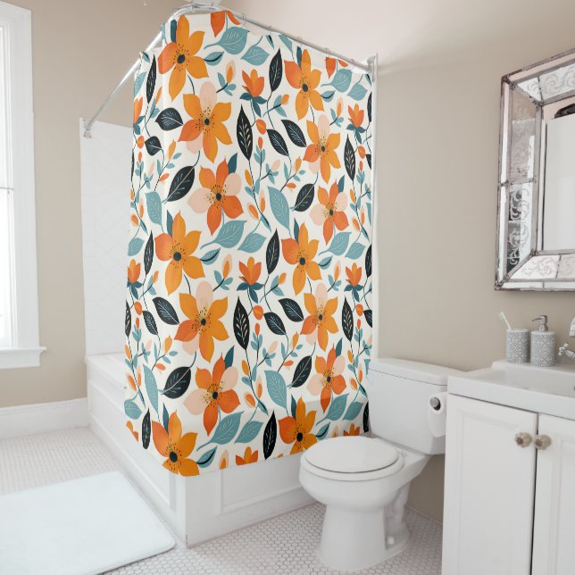 Orange and Blue Foliage and Flowers Shower Curtain (In Situ)