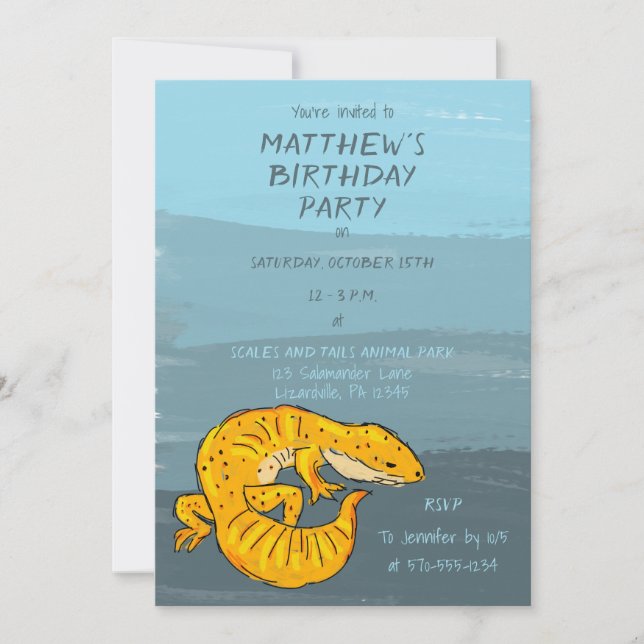 Orange and Blue Gecko Lizard Birthday Party Invitation (Front)