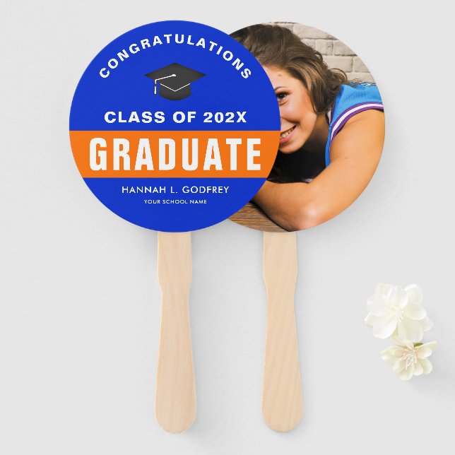 Orange and Blue Graduation Congratulations Photo Hand Fan (Front and Back)