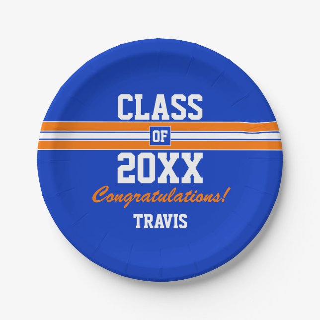 Orange and Blue Graduation Custom Congratulations Paper Plate (Front)