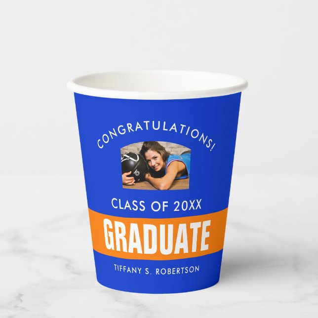 Orange and Blue Graduation Custom Photo Paper Cups (Front)
