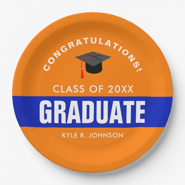 Orange and Blue Graduation Personalised Paper Plate (Front)