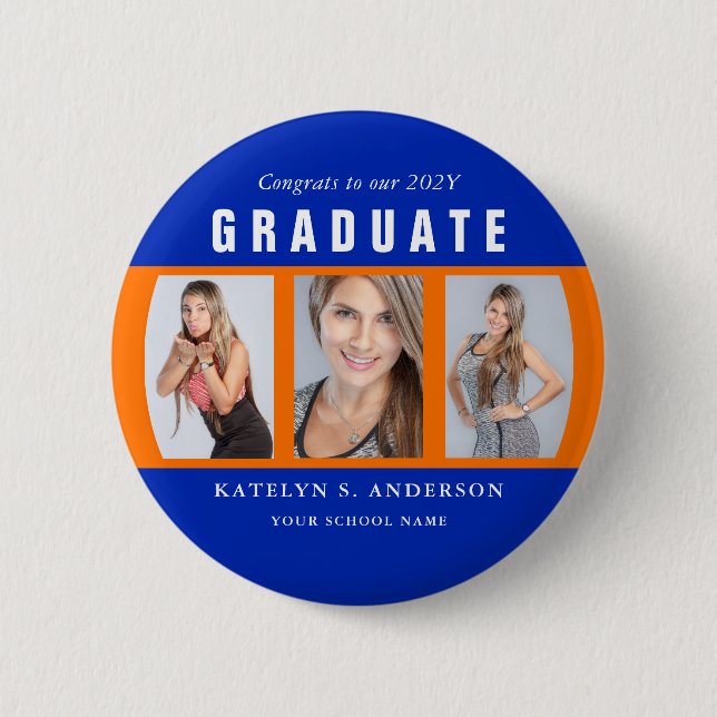 Orange and Blue Graduation Photo Collage Custom 6 Cm Round Badge (Front)