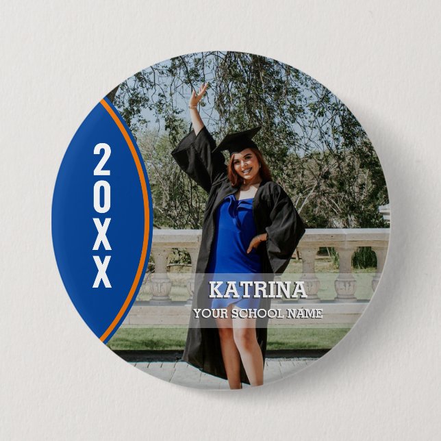 Orange and Blue Graduation Photo Custom Button (Front)