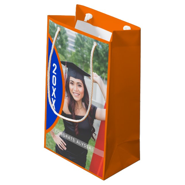 Orange and Blue Graduation Photo Custom Small Gift Bag (Back Angled)