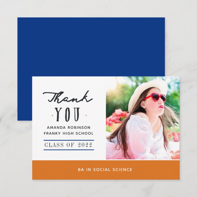 Orange and Blue Graduation Photo Thank You Card (Front/Back)