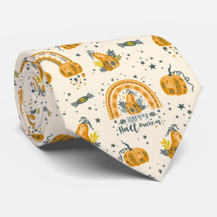 Orange and blue-grey Halloween symbols pattern Tie