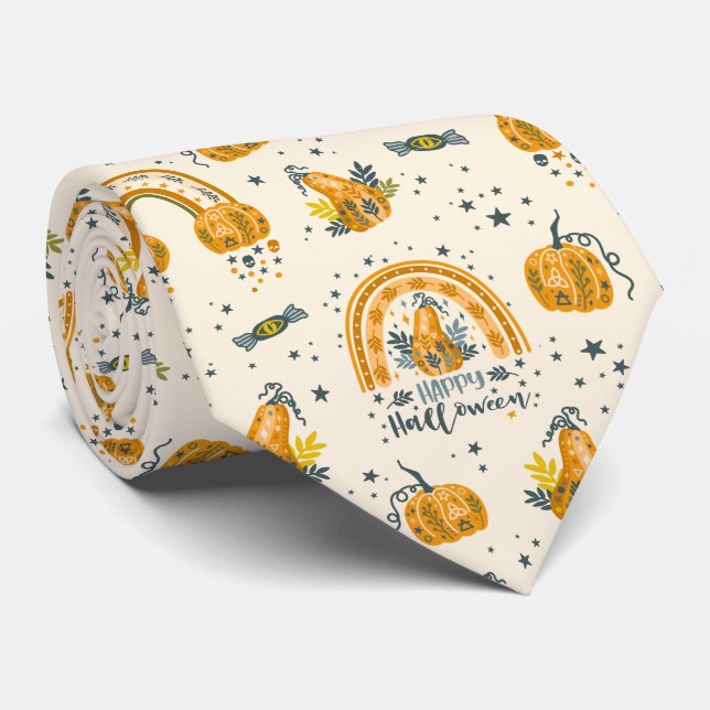 Orange and blue-grey Halloween symbols pattern Tie (Rolled)