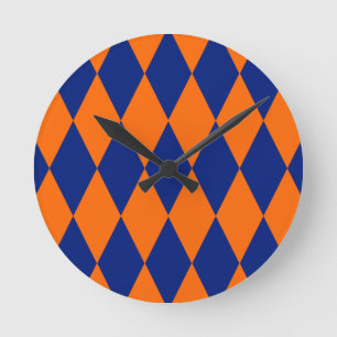 Orange and Blue Harlequin Checkered Design Round Clock