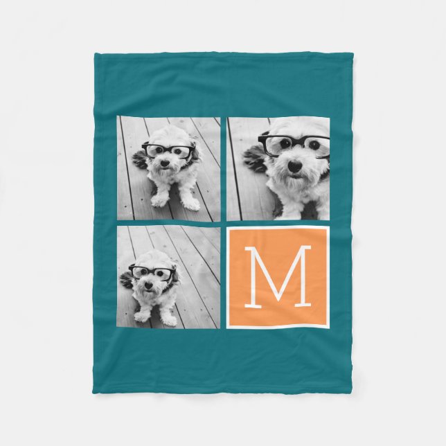 Orange and Blue Instagram Photo Collage Monogram Fleece Blanket (Front)