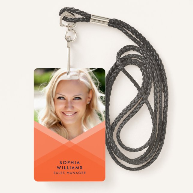 Orange and Blue Layered Geometric Photo ID Badge (Front with Lanyard)