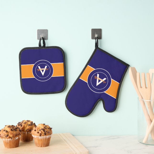 Orange and Blue Monogram Personalised Oven Mitt & Pot Holder Set (Insitu(Hanging))