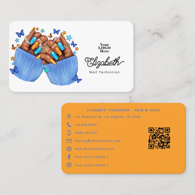 Orange and Blue Nail Salon Branding Design Business Card (Front/Back)