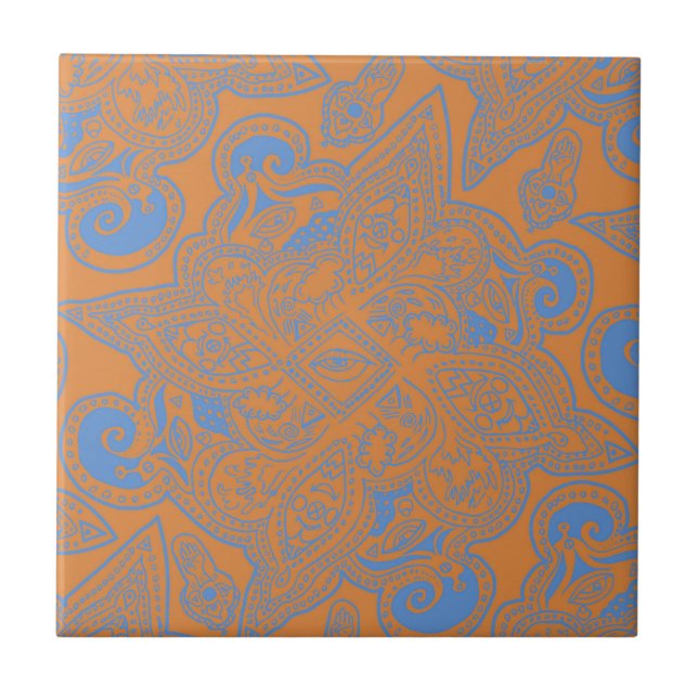 Orange and Blue Persian Star Mandala Pattern Tile (Front)