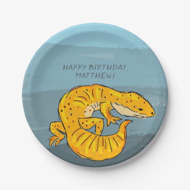 Orange and Blue Personalised Gecko Birthday Party Paper Plate (Front)