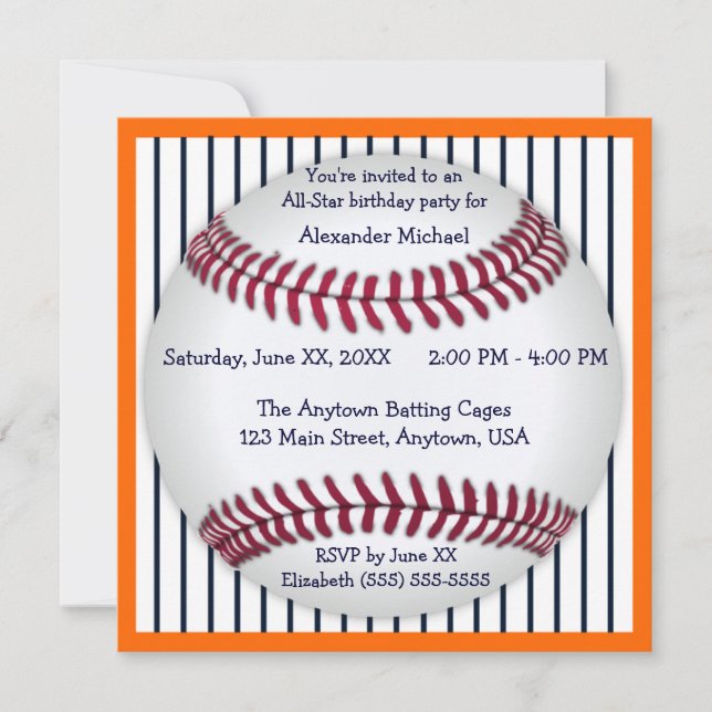 Orange And Blue Pinstripes Baseball Birthday Party Invitation (Front)