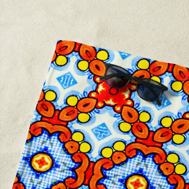 Orange and blue retro tile pattern beach towel (In Situ)