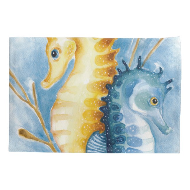 Orange and Blue Seahorse Watercolor Pillowcase (Back)