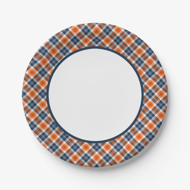 Orange and Blue Sporty Plaid Border Paper Plate (Front)