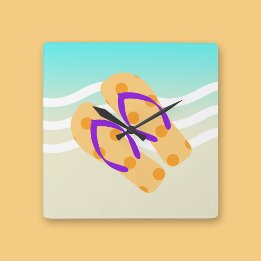 Orange And Blue Summer Beach Waves Flip Flops Square Wall Clock