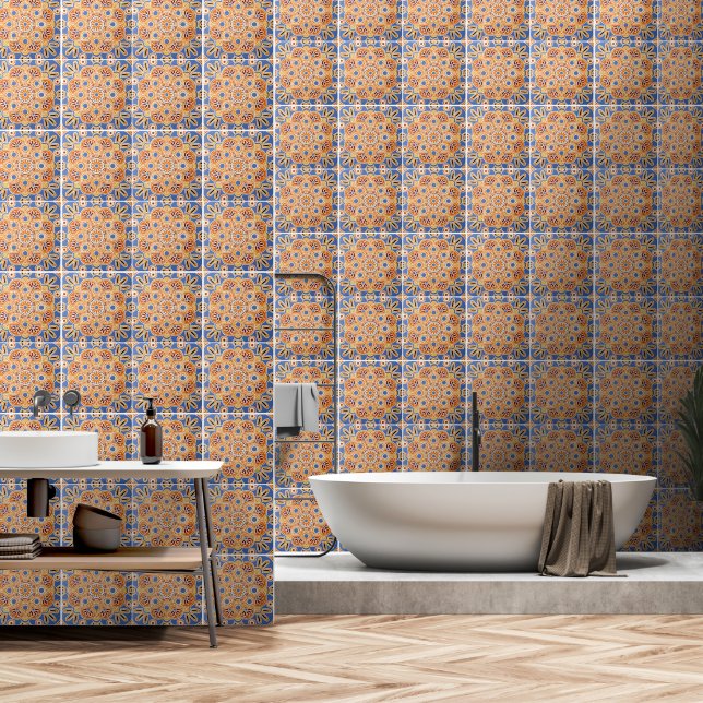  Orange and blue tile pattern Wallpaper 2' x 4' (Bathroom)