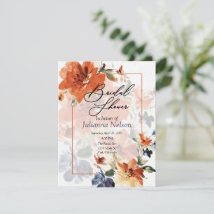 Orange and blue watercolor fall floral  invitation