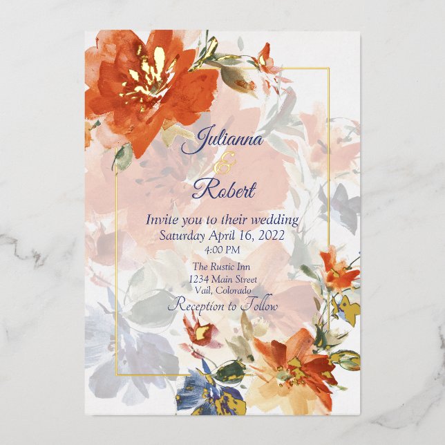 Orange and blue watercolor fall floral wedding  (Front)
