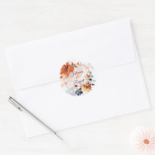 Orange and blue watercolor fall floral wedding classic round sticker