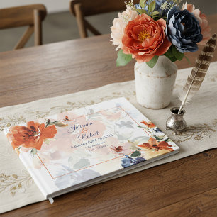Orange and blue watercolor fall floral wedding guest book