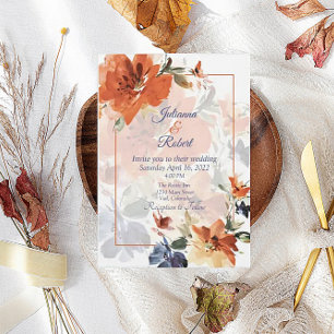 Orange and blue watercolor fall floral wedding invitation