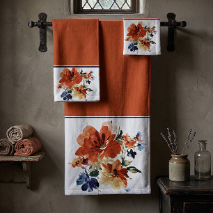 Orange and blue watercolor floral bath towel set
