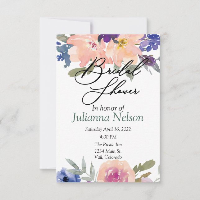 Orange and blue watercolor floral  invitation (Front)