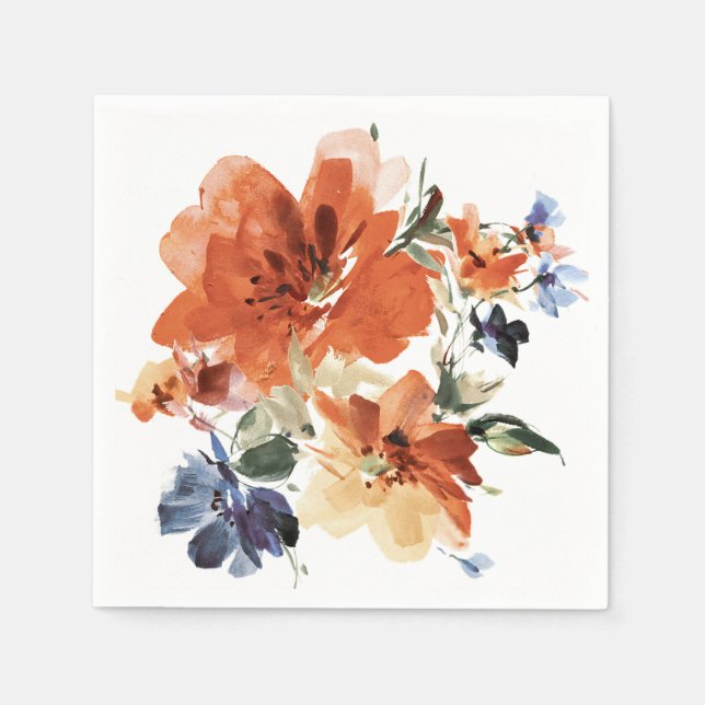 Orange and blue watercolor floral napkin (Front)
