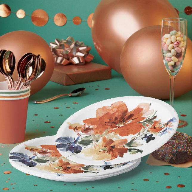 Orange and blue watercolor floral  paper plate (Multi)