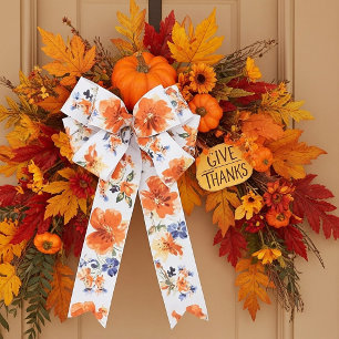 Orange and blue watercolor floral  satin ribbon