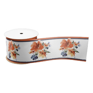 Orange and blue watercolor floral   satin ribbon