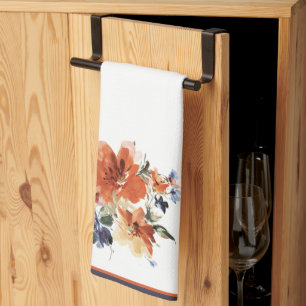 Orange and blue watercolor floral tea towel