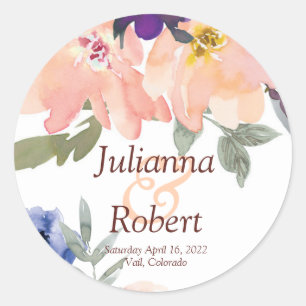 Orange and blue watercolor floral wedding classic round sticker