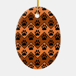Orange And Brown Chevron With Dog Paw Pattern Ceramic Tree Decoration