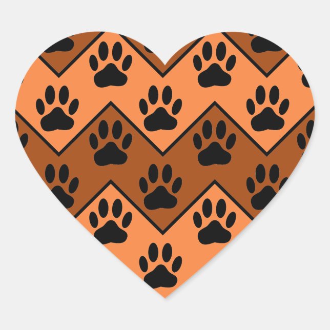 Orange And Brown Chevron With Dog Paw Pattern Heart Sticker (Front)