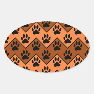 Orange And Brown Chevron With Dog Paw Pattern Oval Sticker