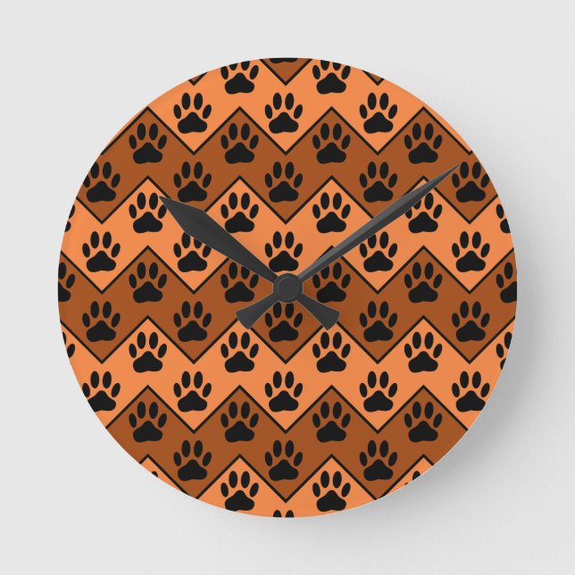 Orange And Brown Chevron With Dog Paw Pattern Round Clock (Front)