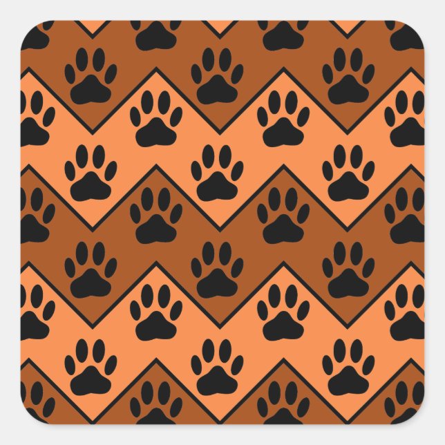 Orange And Brown Chevron With Dog Paw Pattern Square Sticker (Front)